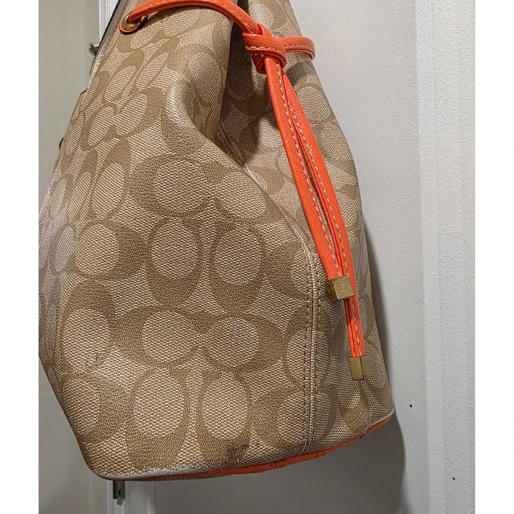 Coach‎ Heritage Stripe Drawstring Tote Bag Khaki Orange Signature Canvas F18923